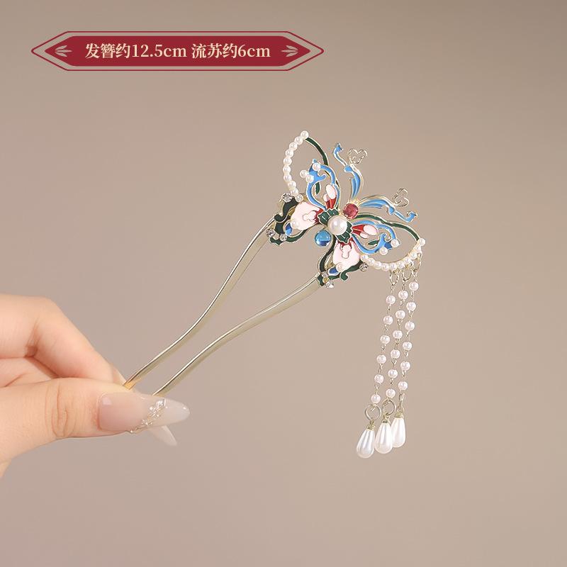 Wsuwka do włosów w kształcie litery U z frędzlem w stylu vintage dla kobiet Elegancki metalowy emaliowany patyczek do włosów Element kwiatowy wsuwka do włosów Akcesoria do włosów Hanfu