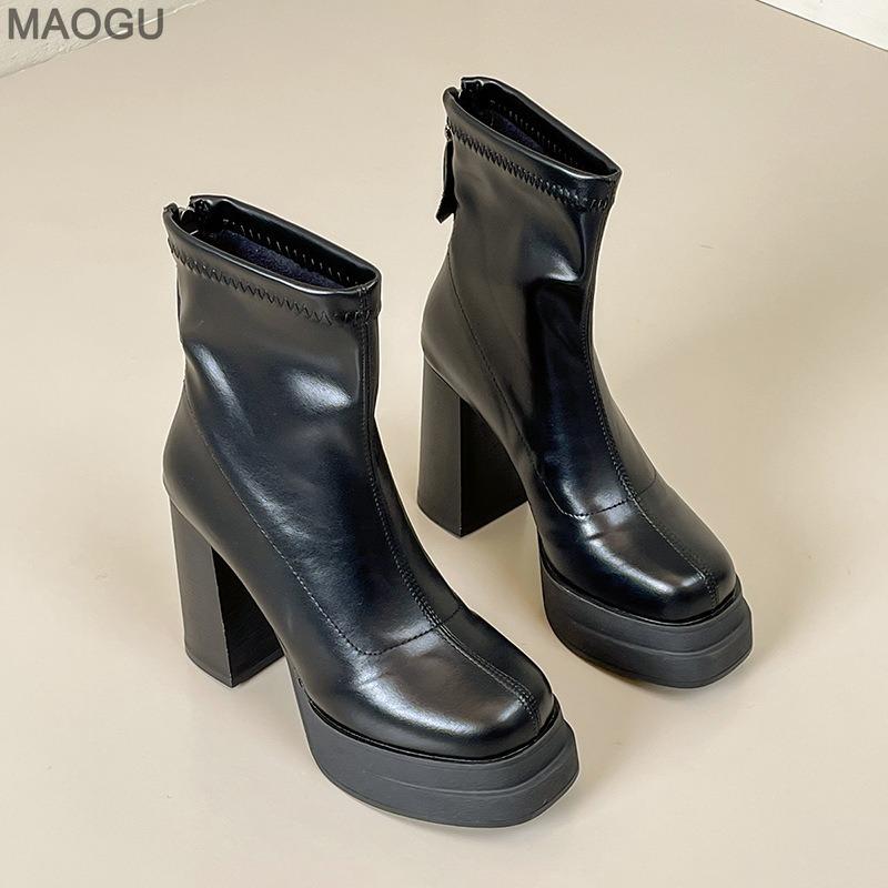 British Style Women's Heeled Ankle Boots Back Zipper Platform Anti-Slip Sole Korean Fashion Casual Short Booties Black Leather