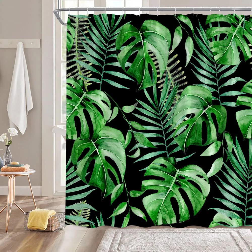Tropical Leaves Shower Curtains Green Palm Leaf Plants Bath Curtain Set Modern Polyester Fabric Screen Bathroom Decor With Hooks
