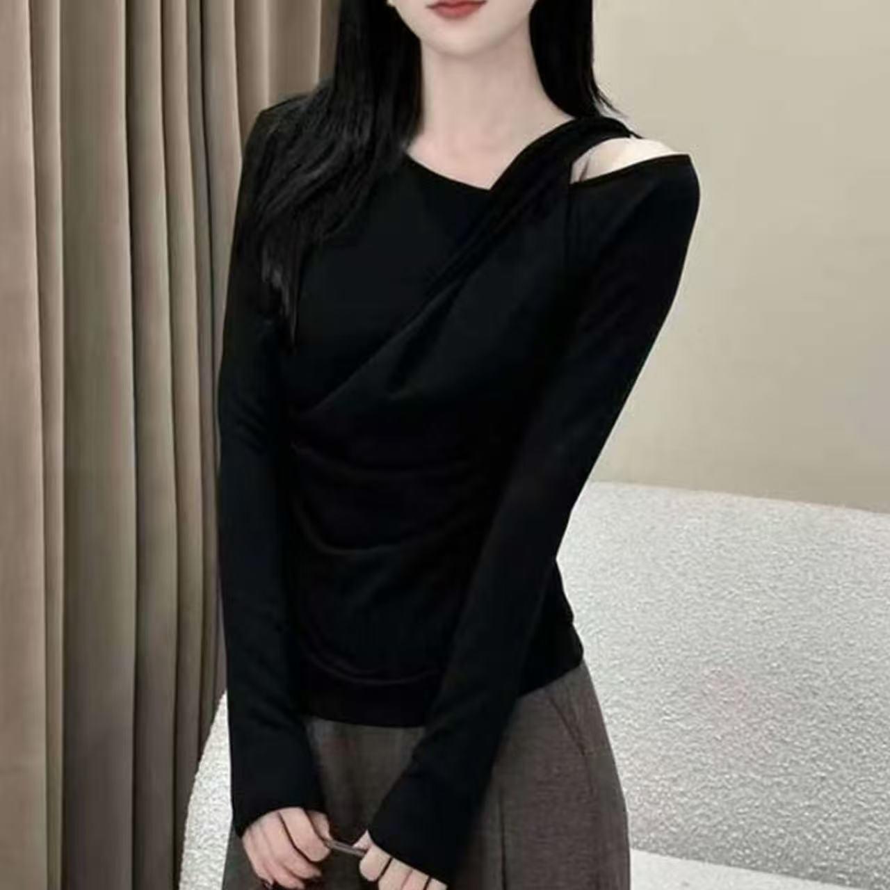 

2026 Korean-Style Faux Two-Piece One-Shoulder Camisole: Women s Slimming Long Sleeve Versatile Spring/Autumn Top XL чёрный