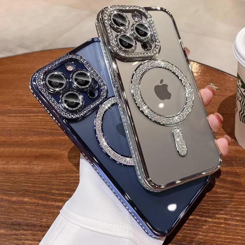 New Fashion Glitter Diamond Transparent Case for IPhone 16E 15 14 13 11 12 Pro Max 16 Plus Magnetic Wireless Charge Bumper Cover