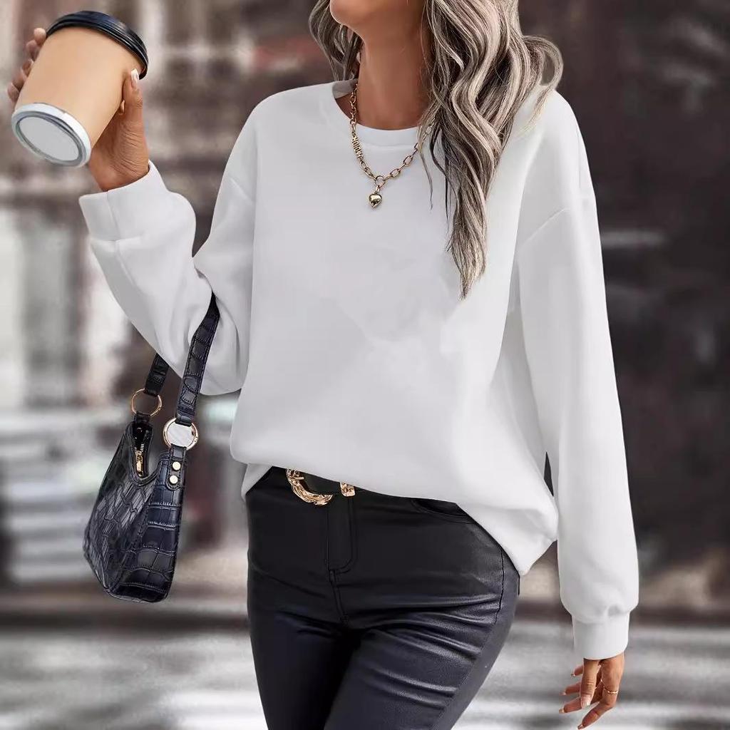2024 Women's Solid Color Round Neck Loose Long Sleeve Autumn/Winter Hoodie