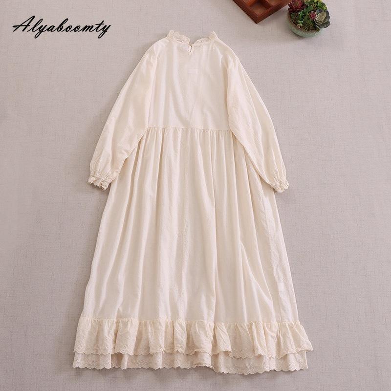 Japanese Mori Girl Spring Autumn Women Baggy Dress Ruffled Collar Cotton Oversized Dress Long Sleeve Brief Basic Ladies' Embroidery Dress