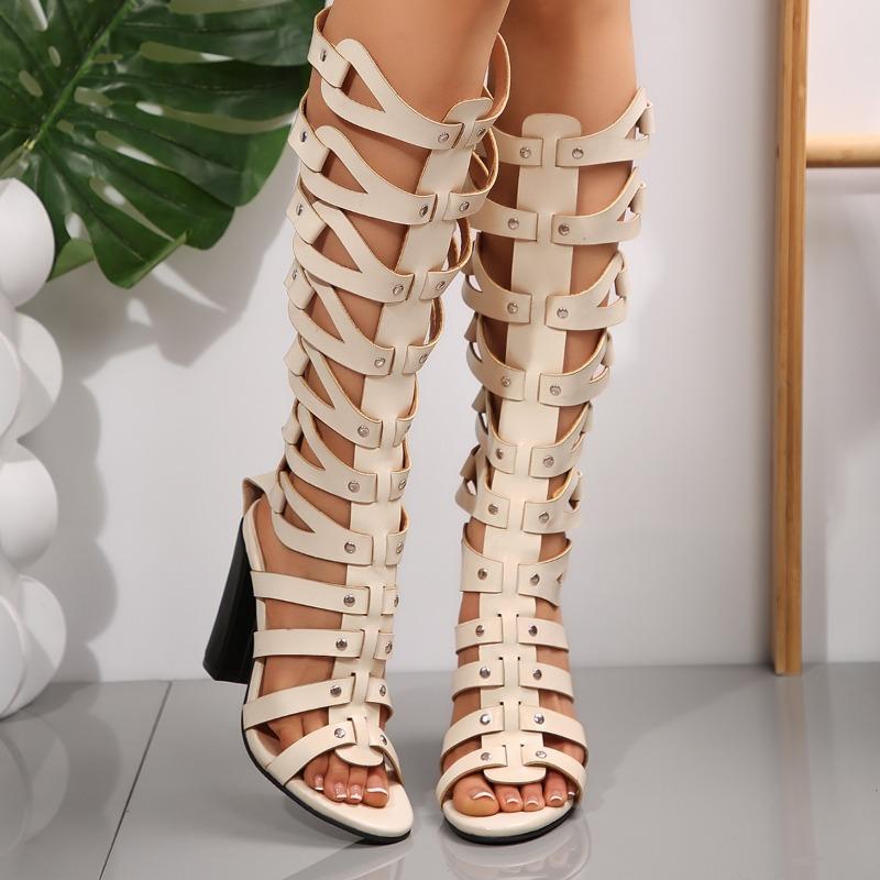 Women's High Tube Sandals Hollow Round Toe Open Toe Rough Heel Rivet Roman Women Boots Sexy Personality Retro Style Women Shoes