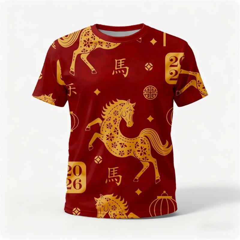 Happy New Year Year of The Horse T-shirt 3D Printing Quick-dry, Casual Crew Neck Short Sleeve T-shirt New Stylish Design