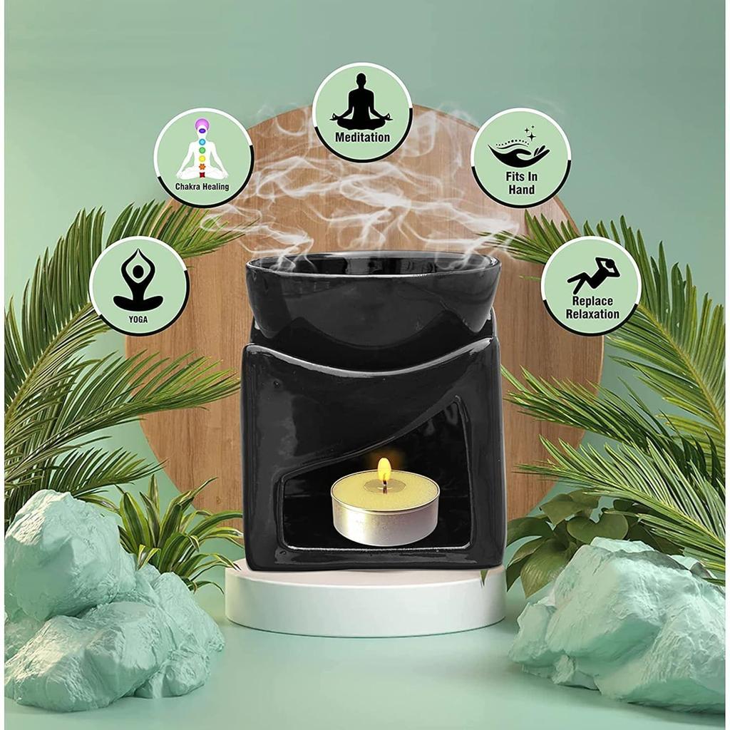Ceramic Clay Candle Operated Aroma Burner Oil Diffuser, Extra Large Bowl, with 1 Tealight, 4.25 Inch, (Black)