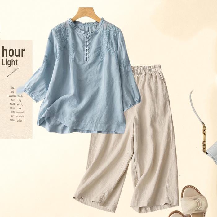 Southeast Asia Retro Embroidered Cotton-Linen Two-Piece Set: Seven-Sleeve Shirt & Wide-Leg Pants