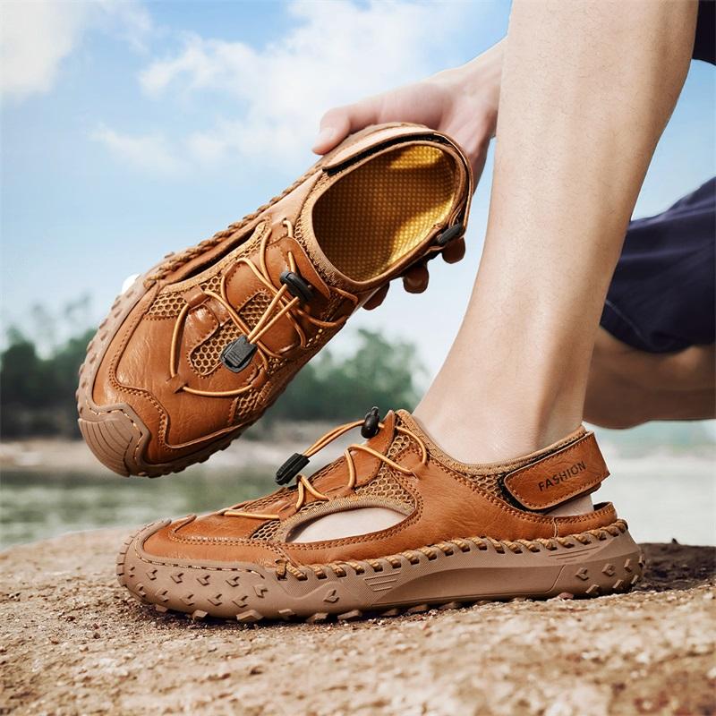 Fashion Brown Size 48 Summer Men Sandals Genuine Leather Mens Casual Shoes Outdoor Sandals for Men Beach Shoes Roman Handmade Mesh