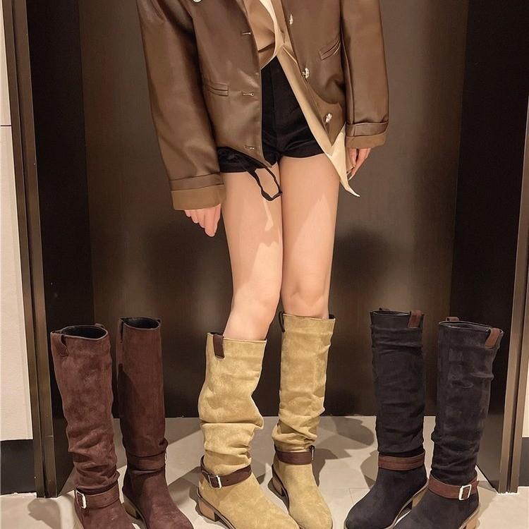 Große Größen 36~ 43 Mode dünne Stiefel Damen 2024 Herbst und Winter neue Gürtelschnalle dicker Absatz Damenstiefel