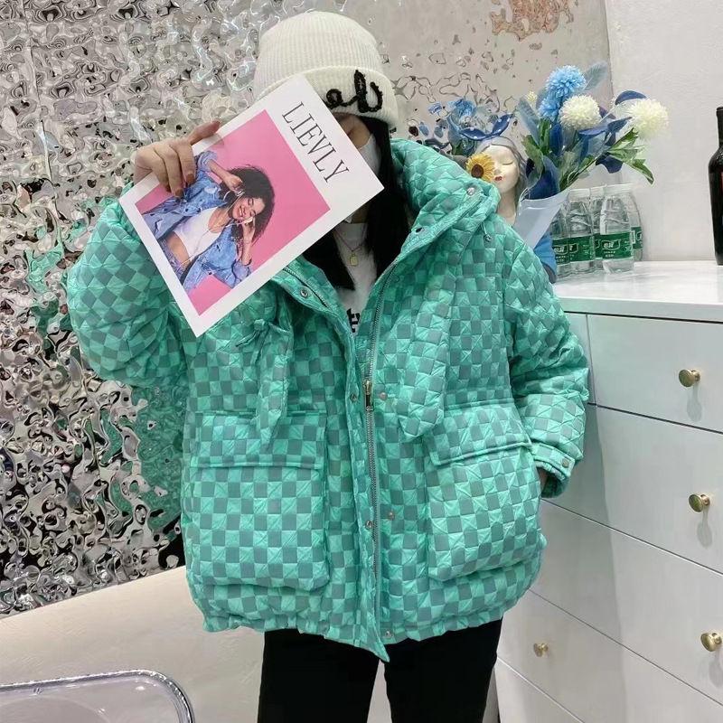 New Checkerboard Down Jacket Women's Short Hooded Loose Thickened White Duck Down Jacket Trend