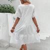 Womens Hollow Out O-Neck Short Sleeve A-Line Pleated Patchwork Solid Swing Midi Dress Beach Vacation Embroidered