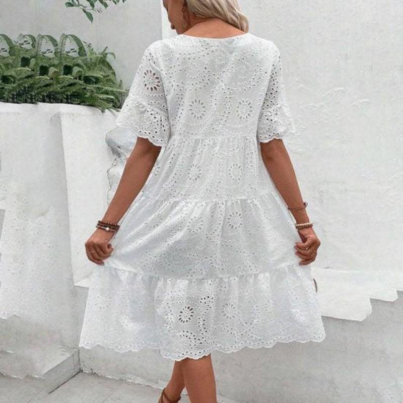 Womens Hollow Out O-Neck Short Sleeve A-Line Pleated Patchwork Solid Swing Midi Dress Beach Vacation Embroidered
