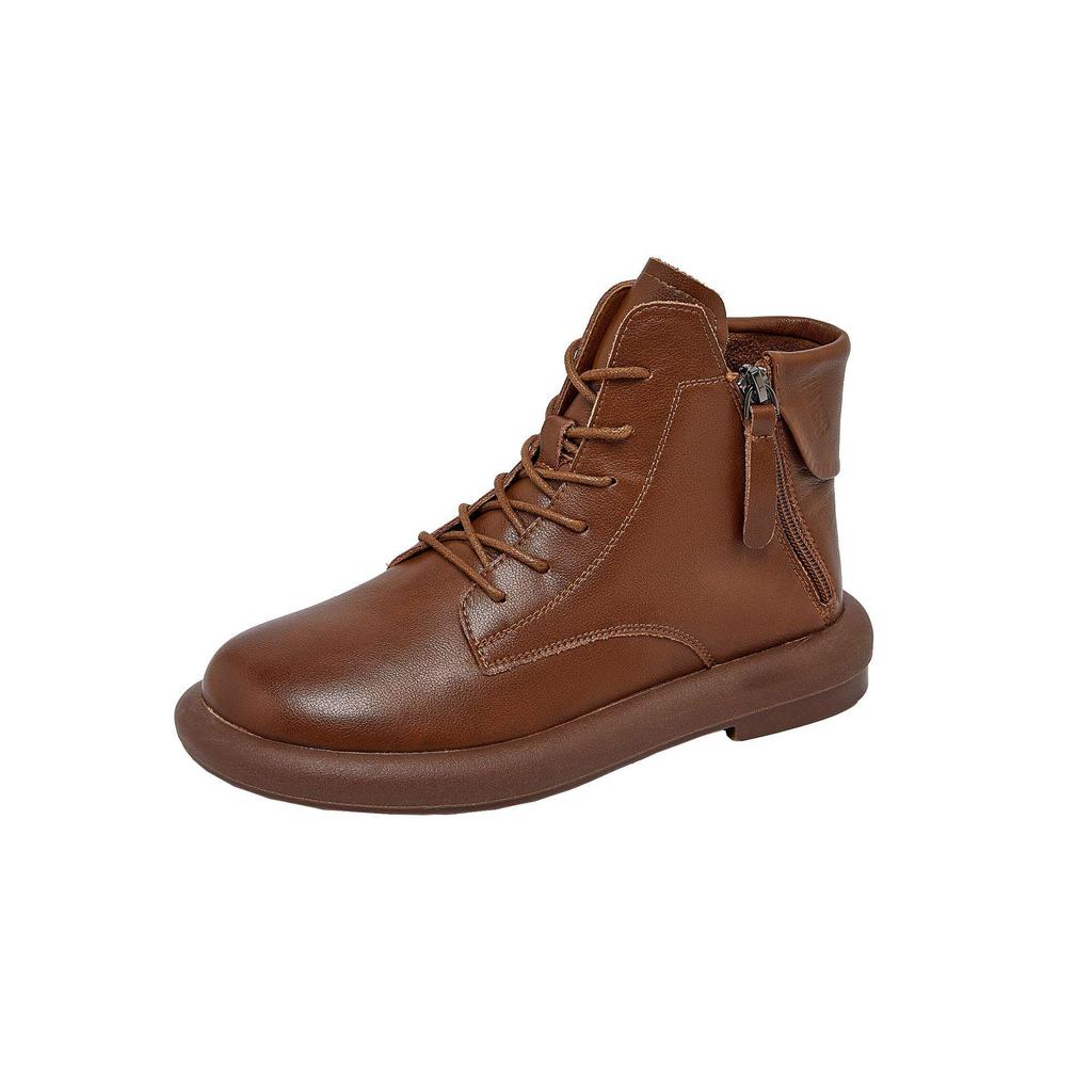 2025 Autumn Vintage Leather Women's Martin Boots with Dual Zippers - Korean Style, Flat Bottom Casual Shoes