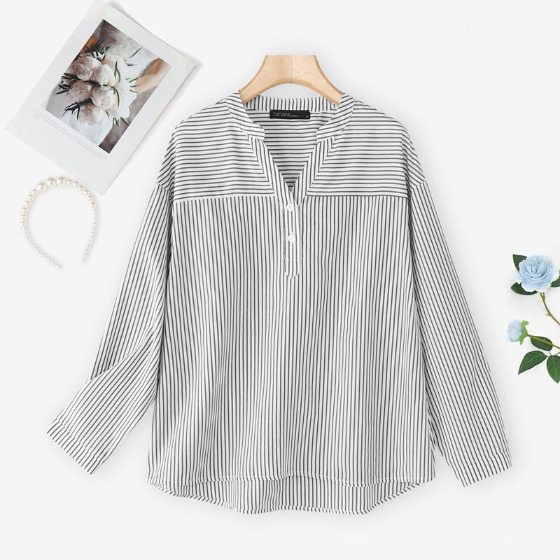 ZANZEA Blouse Décontractée Femme Col V Ample Manches Longues Rayures
