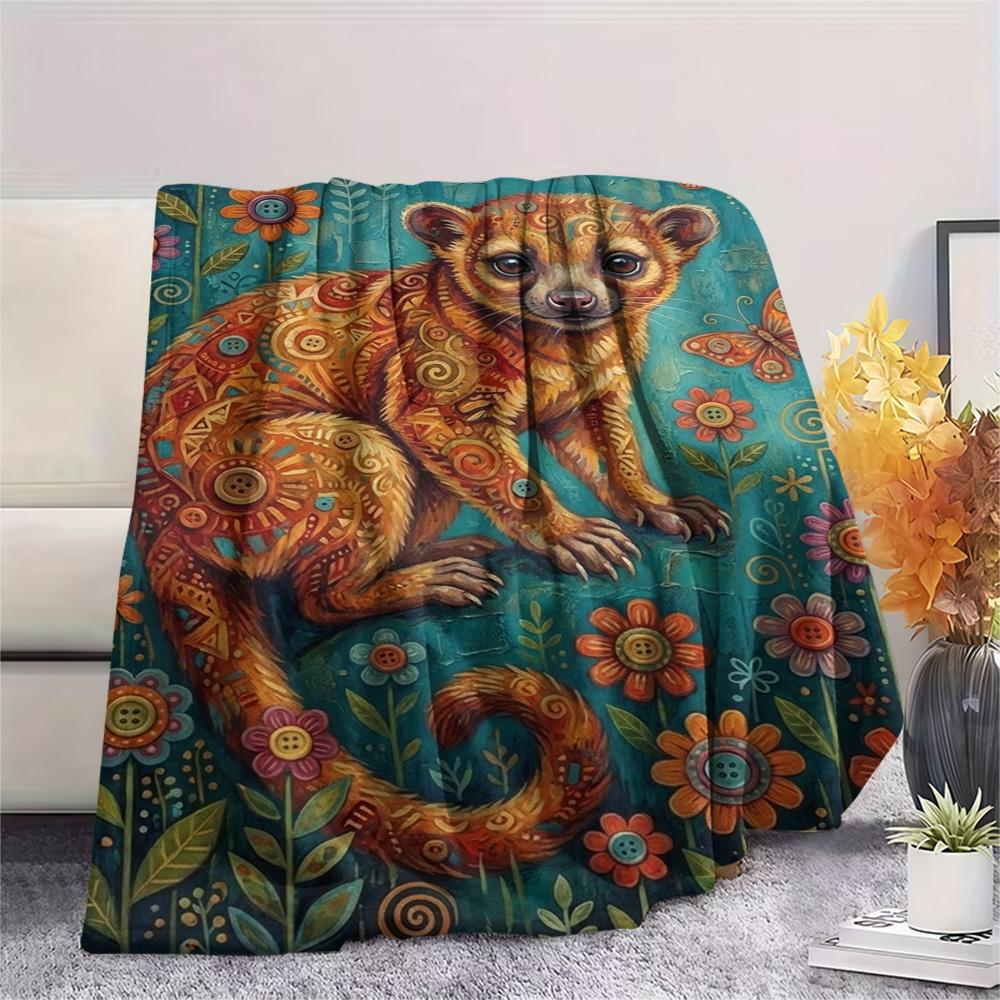 1PC Bohemian Kinkajou Art Print FlAannel Blanket, High quality Comfortable for All Seasons, Home Decor, Warmth and Comfort