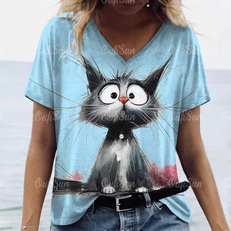 Damen V-Ausschnitt Kurzarm 3D T-Shirts Tiere Gedruckt Sommerkleidung Niedliche Cartoon Katze Damen T-Shirts Streetwear Oberteile