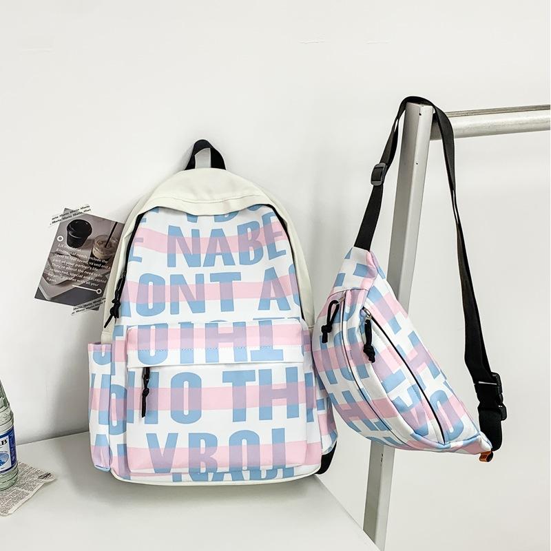 School Bag Student Printed Letter Backpack Wind Casual Simple Large Capacity Female Contrasting Color Junior High School Student Campus School Bag