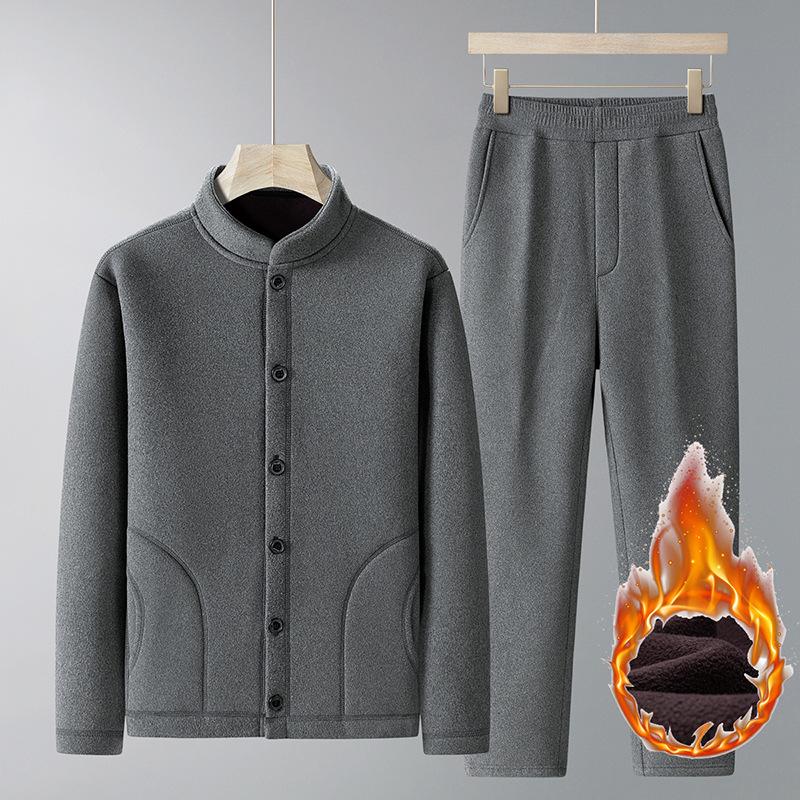 

Спортивный комплект на весну и осень для мужчин, для пап среднего и пожилого возраста, зимняя одежда с толстым бархатом, повседневная мужская спортивная одежда, комплект из двух предметов XL светло-серый