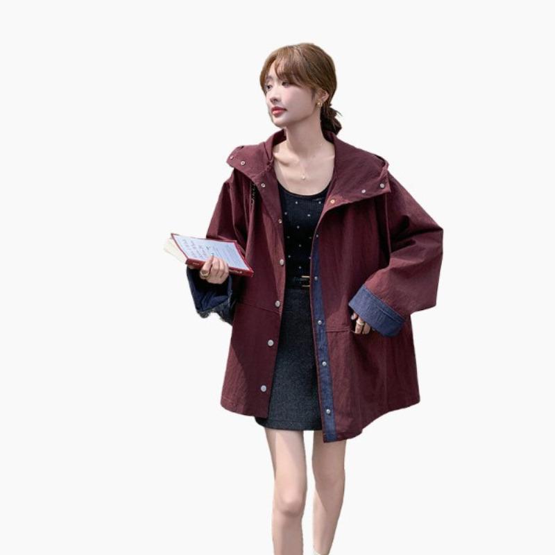 Palton trenci cu glugă cu îmbinări pentru femei, top casual de modă cu efect de întinerire, pentru primăvară și toamnă