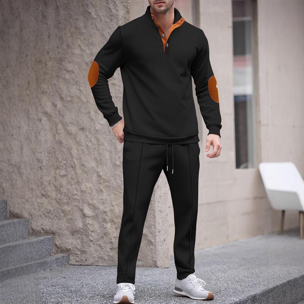 Men'S Stand Up Collar Button Casual Long Sleeved Shirt Long Pants Sports Suit
