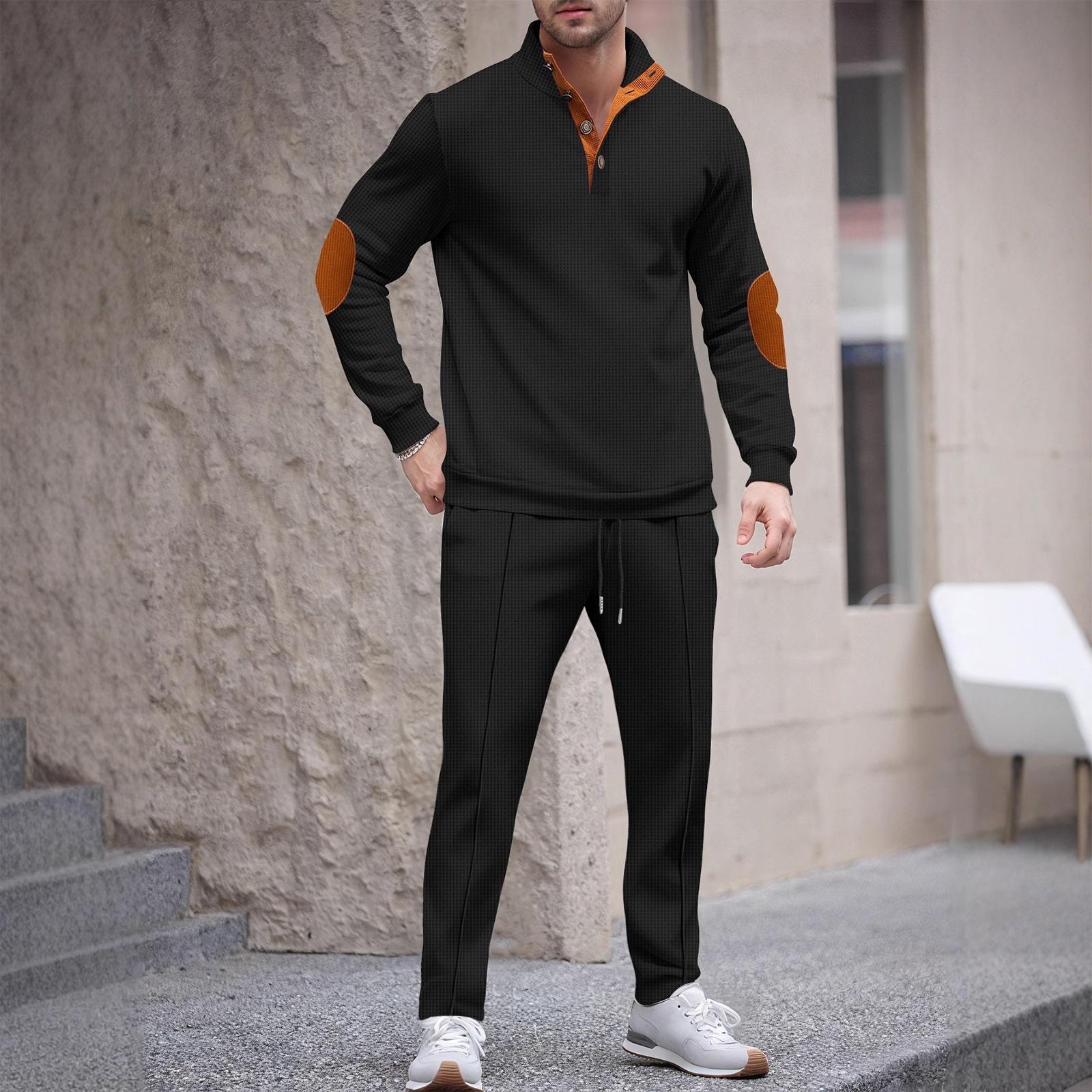 

Men S Stand Up Collar Button Casual Long Sleeved Shirt Long Pants Sports Suit L чорний