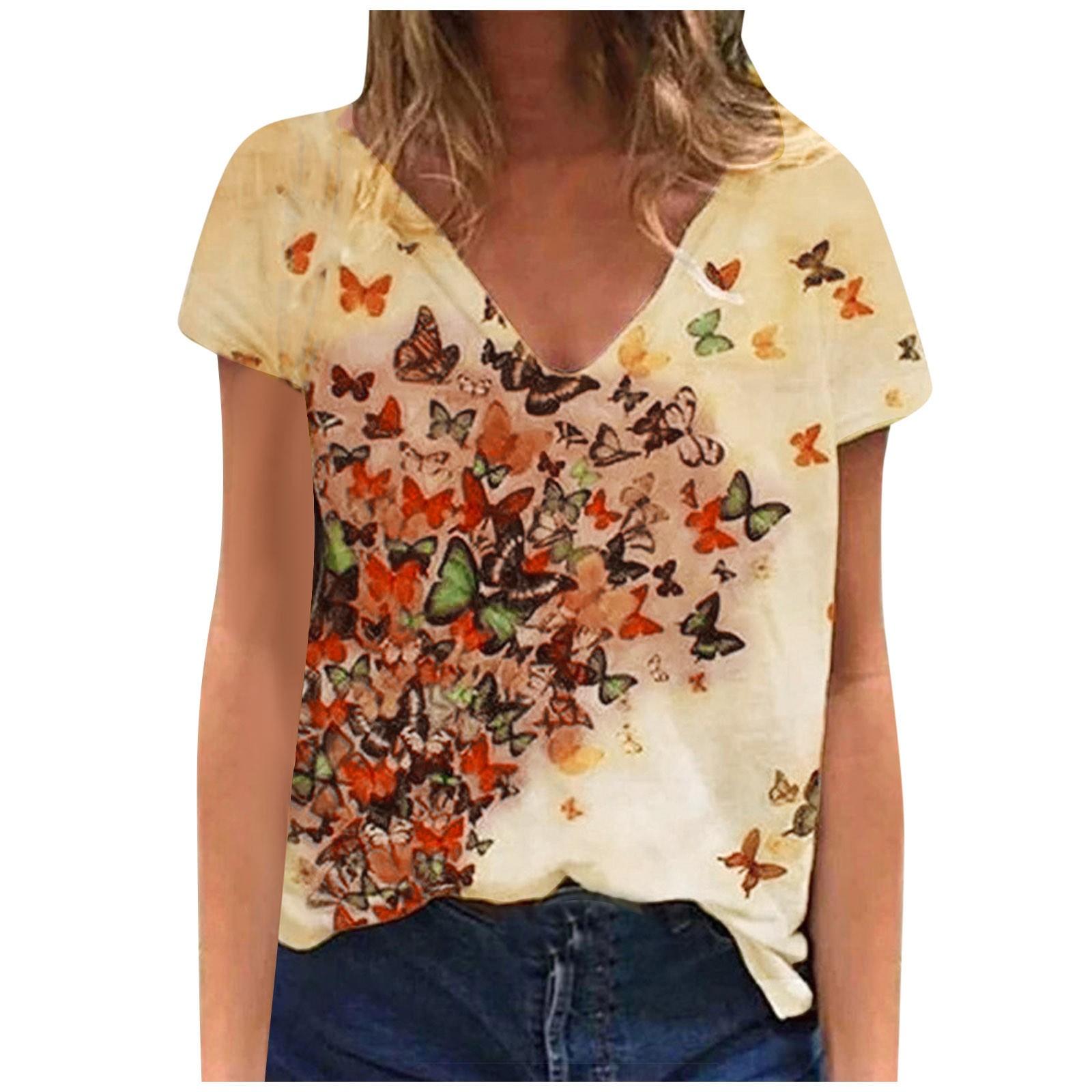 

Women Butterfly Animal Print Round Neck Short Sleeve Top