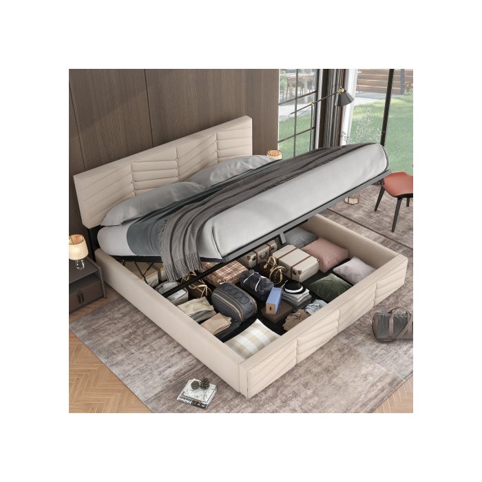 Lit fonctionnel hydraulique - MUVOE - 160 x 200 cm - Tête de lit réglable - Velours beige - Design rayé