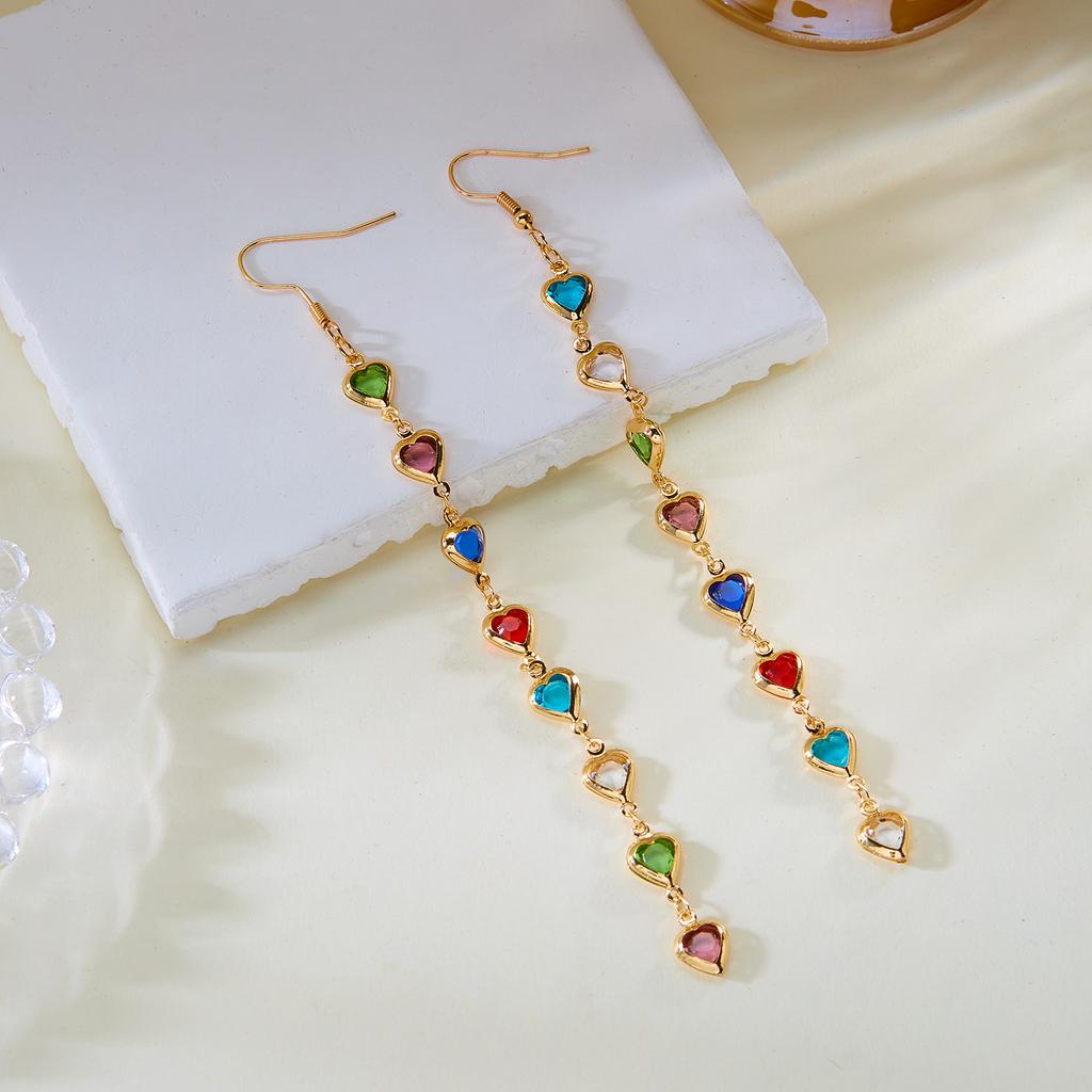 Bohemian Trendy Colorful Love Heart Shape Rhinestone Long Earrings For Women Temperament Crystal Tassel Hanging Earring Jewelry
