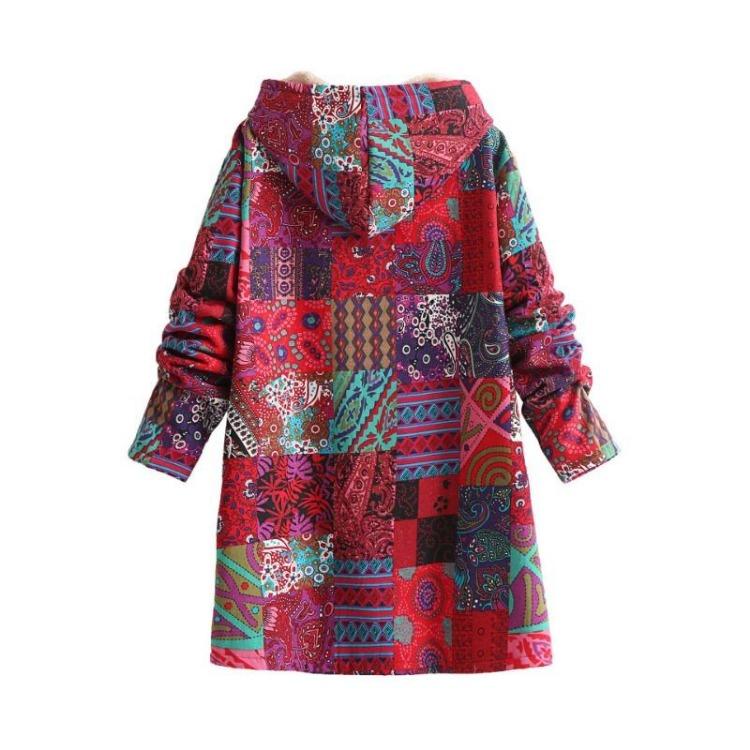 Vintage Women Wind Coat Winter Warm Plush Hooded Cotton Linen Printed Medium Length Coat