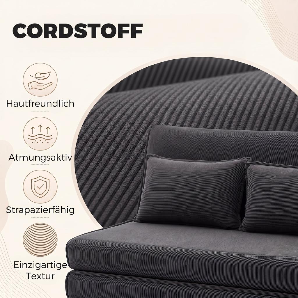 Floor Chair with Backrest, Corduroy Folding Sofa as Guest Bed, Adjustable Backrest, Wide Seat, Dark Grey