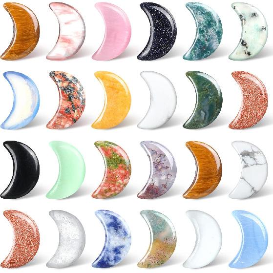24 Pieces Crescent Moon Shaped Gemstones Bulks 0.7 Inch Moon Shaped Crystal Worry Stones Bulks Multicolor Moon Gemstones Carved Stones for Witchcraft