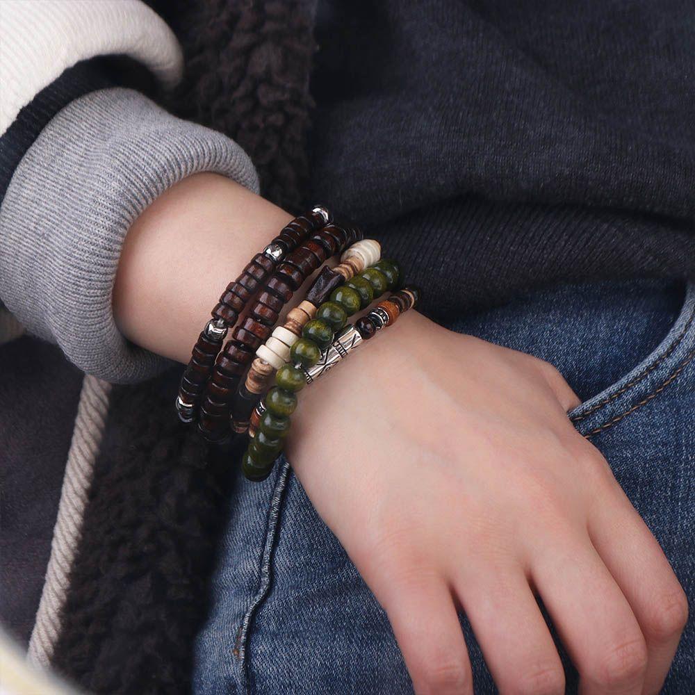 5/6 Pcs/set Fashion Wood Men Bracelets Ethnic Style Handmade Bead Bracelet Set Jewelry Bohemian Style Hand Ring Girls
