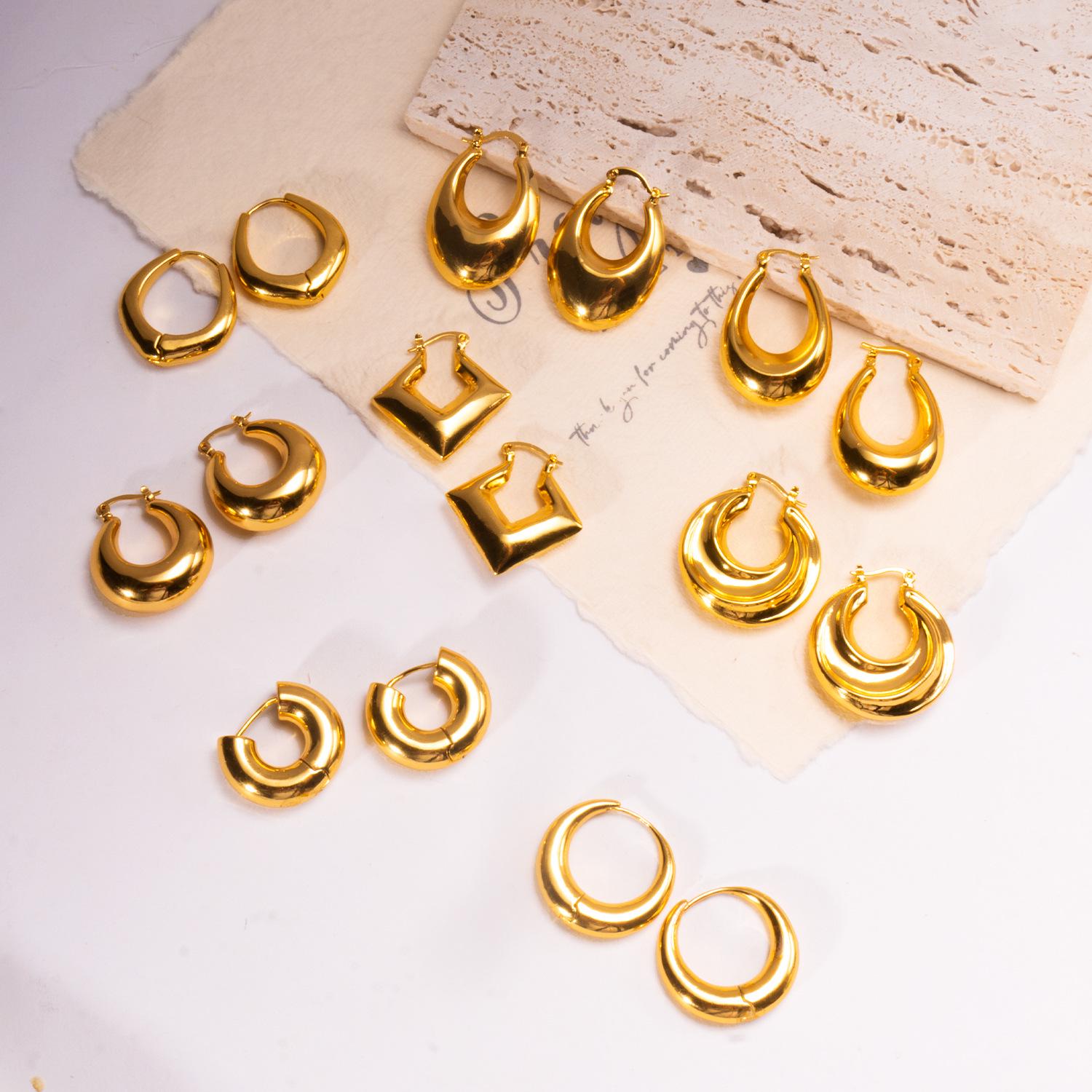 

24k Gold Geometric Oval Hoop & Cuff Earrings - Retro INS Style