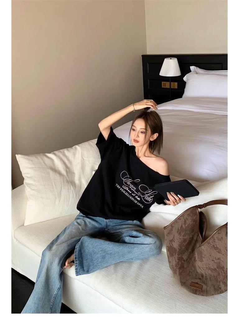 Women's Retro American Letter Print Off-Shoulder T-Shirt – Short Sleeves, Casual Loose Fit, Summer Style