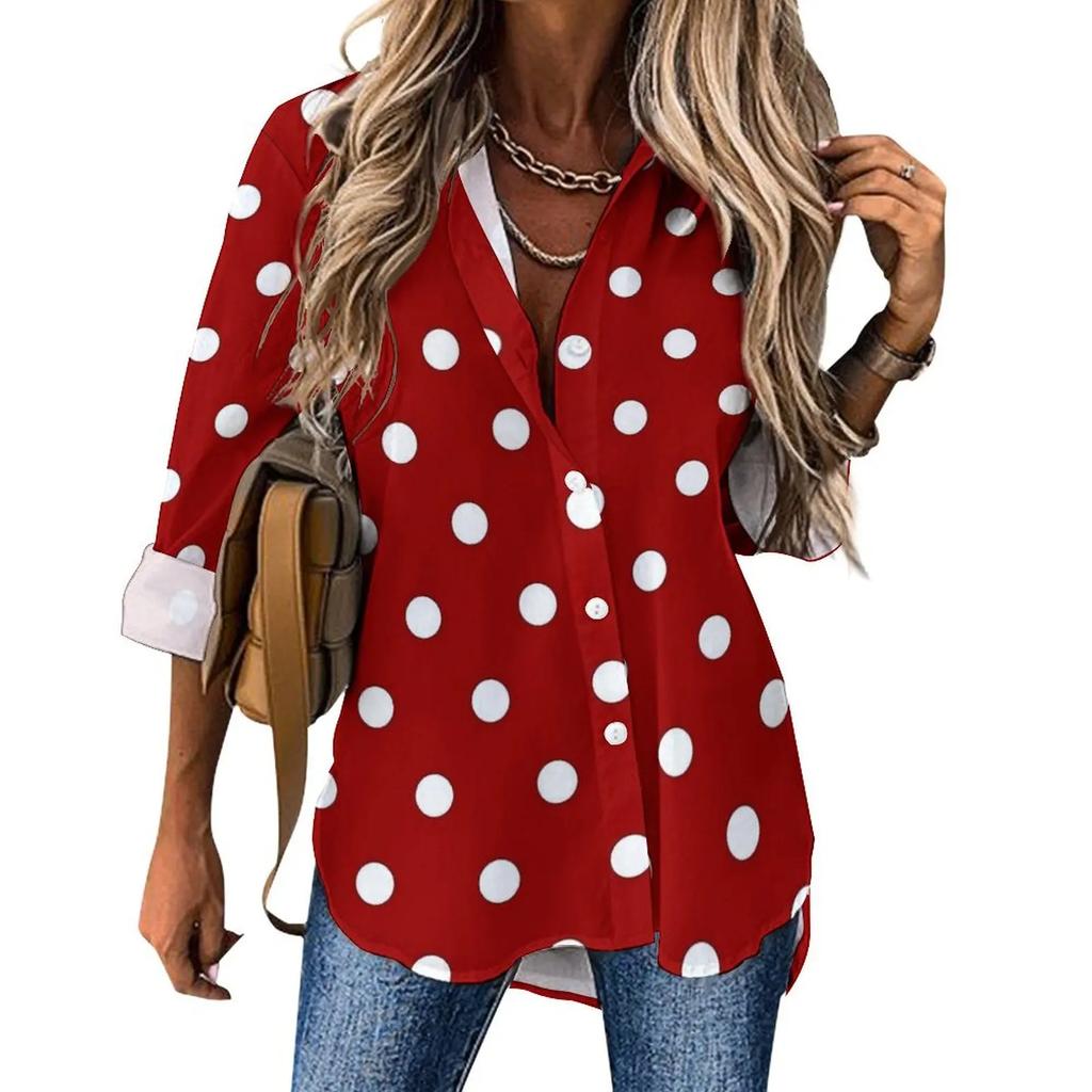 Damen gepunktetes Hemd Mode Neu Frühling und Herbst Lässig Elegant Langarm Revers Oberteil Street Style Personalisiertes Hemd