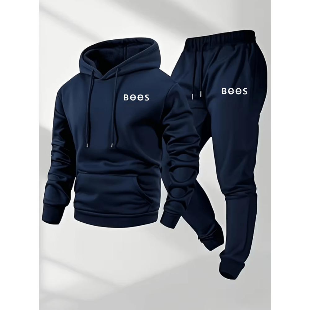 Autumn and Winter Men's Thick Wool Hooded Sweatshirt and Sports Pants Set, Made of Polyester Fabric, Featuring Bee Letter Pattern Printing Set