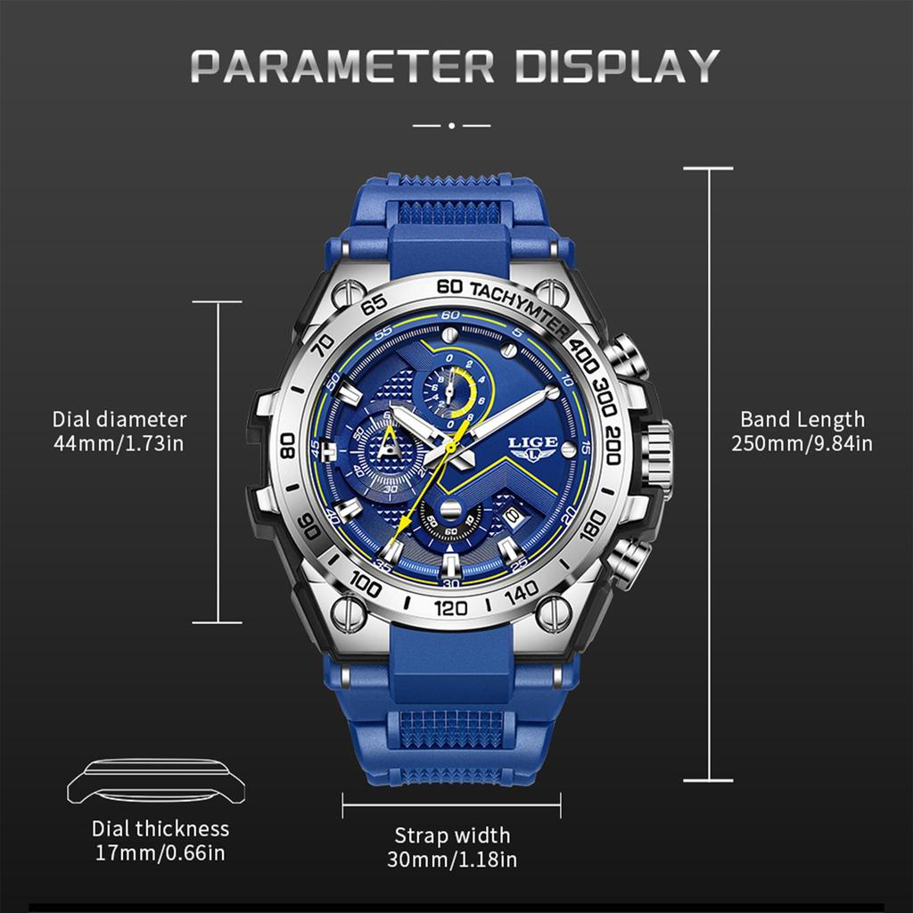 LIGE Men's Watch Multifunction Sub-Dial Silicone Strap Men's Quartz Watches