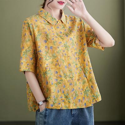 Literary and Retro Shirt Women's 1116 Summer New Age-reducing Short-sleeved Loose-woven Cotton Floral Single-breasted Shirt Top Women
