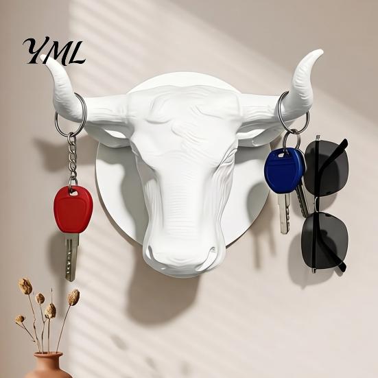 Modern Black Wall Hook Bull Head Hat Rack, Lightweight Wall-Mount Key Holder, Decorative Coat Horn Rack Hook, Retro Animal Hanger for Home Decoration