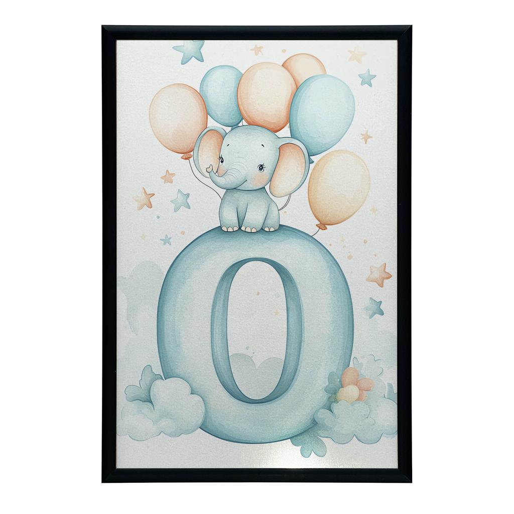 Plakat Słonik Na Chmurze Z Literą O Plakat Słonik Na Chmurze Z Literą O, 50X70 Cm, Rama Aluminiowa Złota, Papier Matowy 230 Gsm