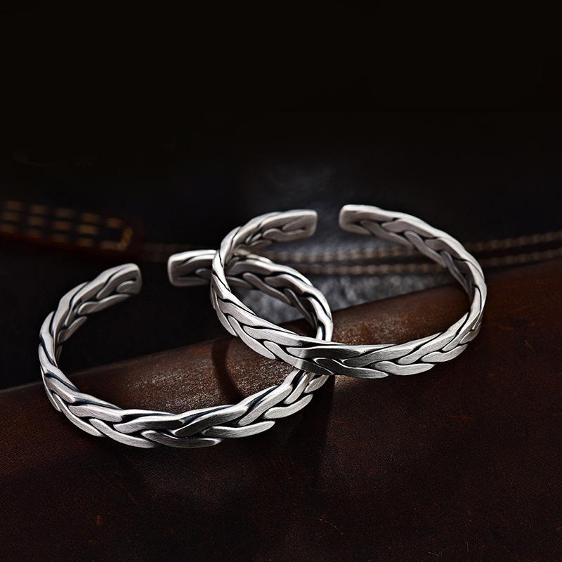 S999 Pure Silver Woven Solid Silver Bracelet Personalized Foot Silver Solid Bracelet Retro Versatile Unisex Style Couple Bracelet