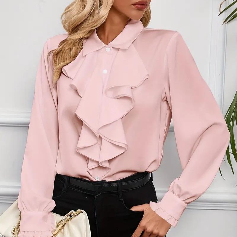 Spring Fashion Ruffled Turn Down Collar White Shirt for Women Elegant Slim Fit Casual Loose Women's Blouses Tops Solid Simple Office Lady Shirts 26476