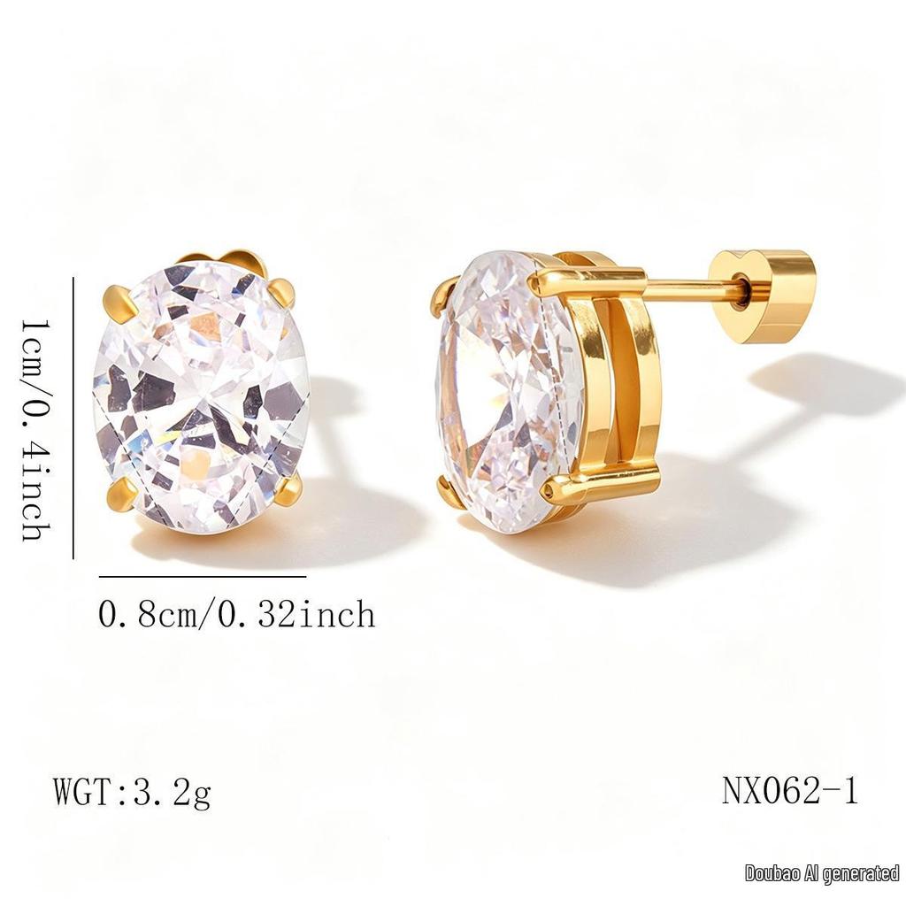18K Gold Zirconia Stud Earrings - Niche, Simple, Colorfast Titanium Stainless Steel Ear Jewelry