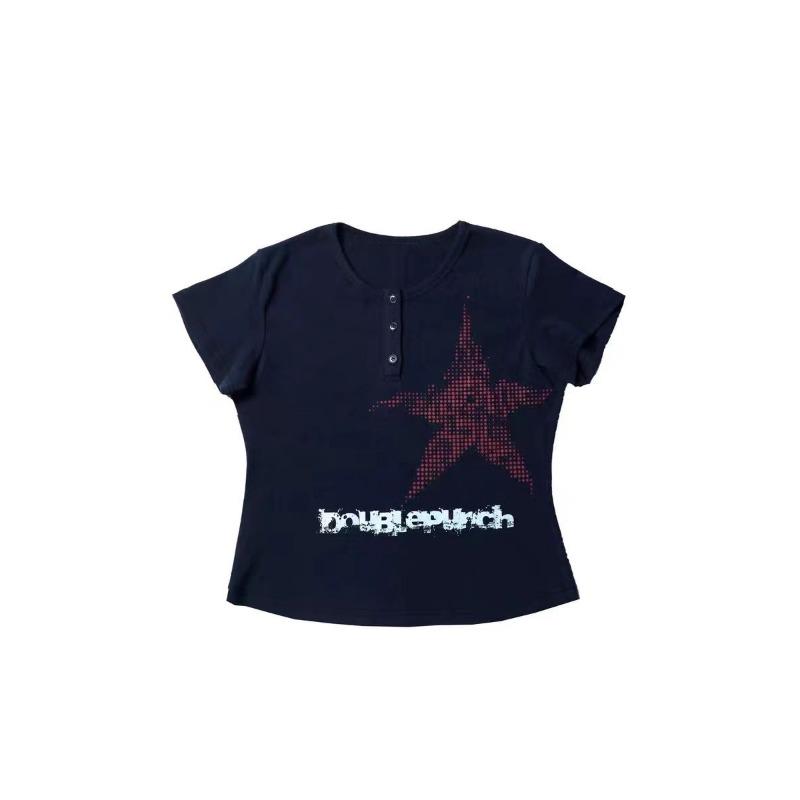 

Эстетический укороченный топ Harajuku в японском стиле со звездным узором, футболка с круглым вырезом и короткими рукавами, футболка с графическим рисунком Y2k, женская одежда, уличная одежда M темно-синий