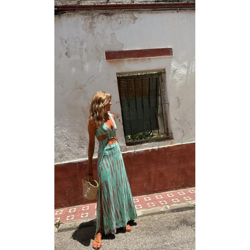 European American Printed V-neck Waist Sexy Slim Dress M синий