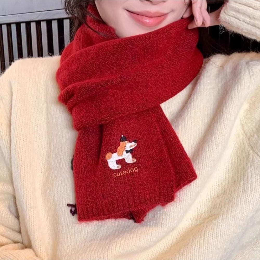 Thicken Knitted Scarf Plush Winter Wool Scarves Elegant Dog Embroidered Shawl  Student