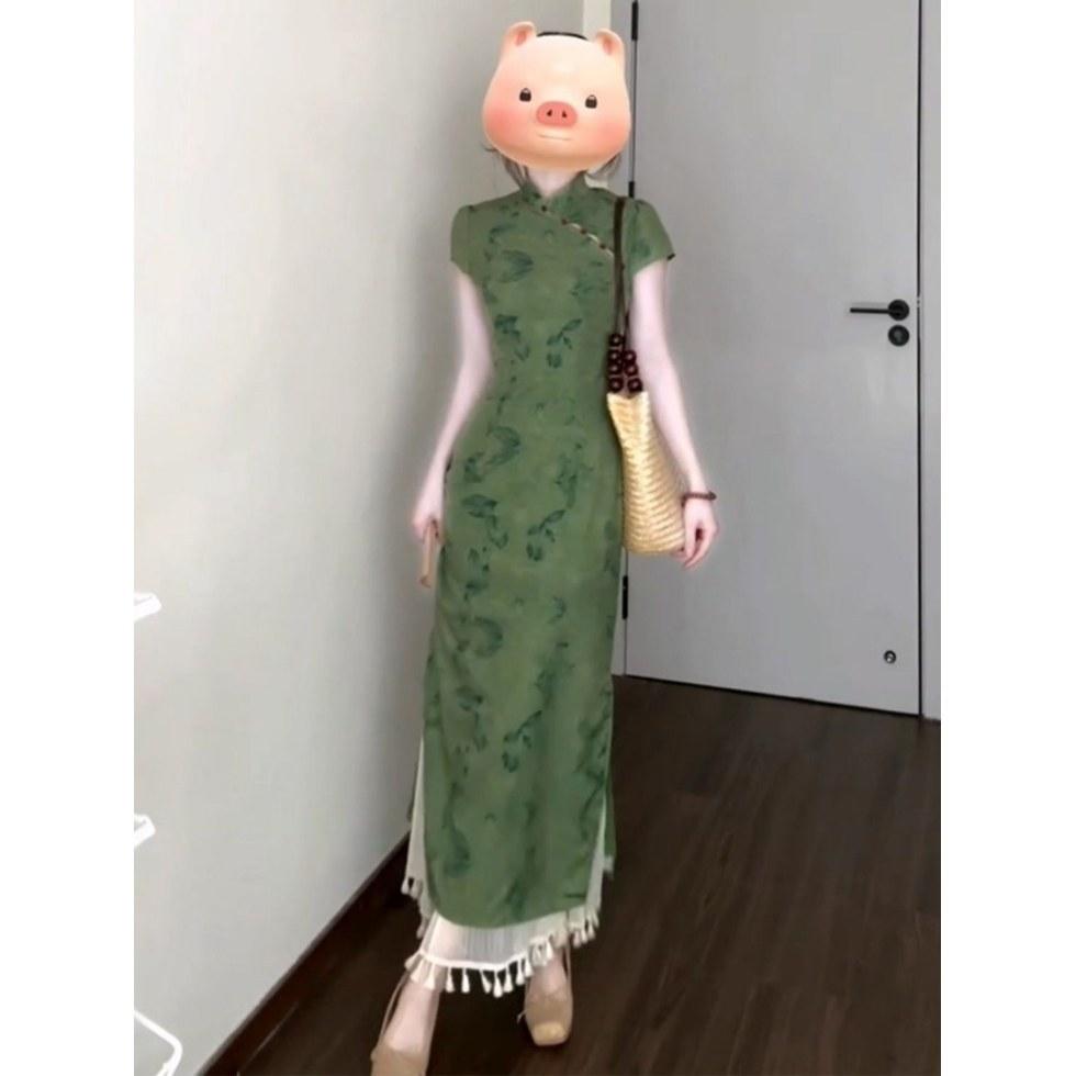 Beautiful and thin, new Chinese style, improved cheongsam, short-sleeved green dress, women's spring body is beautiful, waist