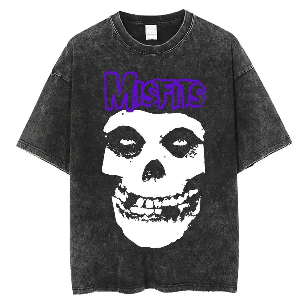 2026 Maglietta Vintage Lavata Hardcore Punk Misfits Grafica Scheletro Horror Magliette Oversize Casual Moda Uomo Donna