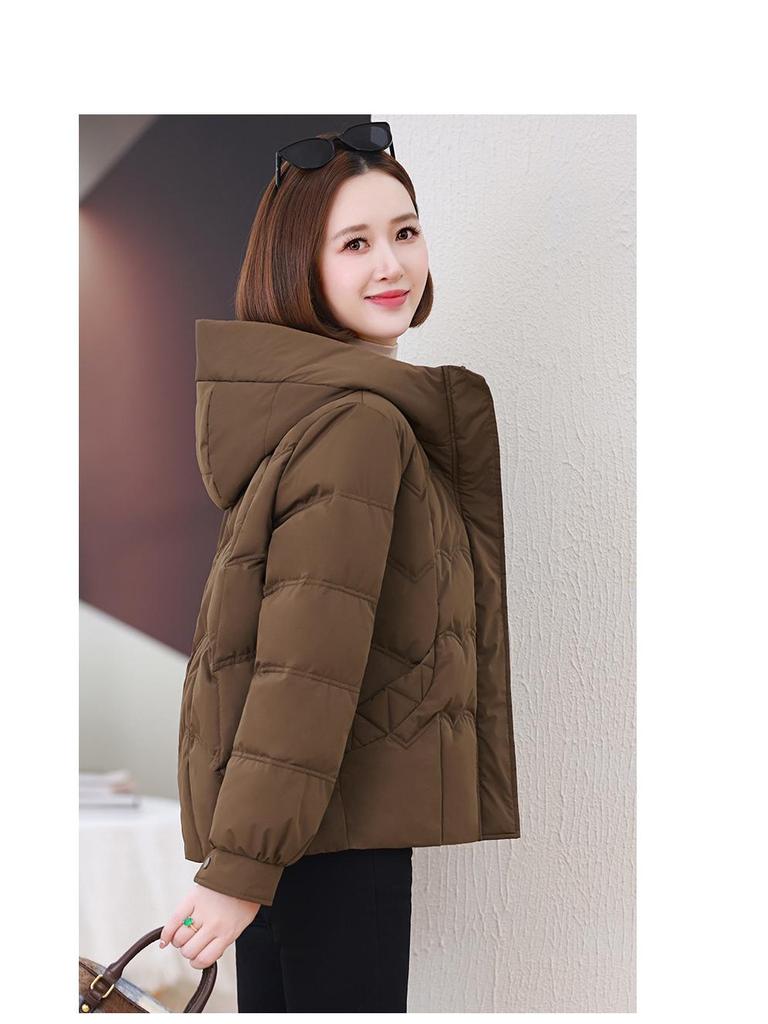 Damska 2024 Zimowa Krótka Kurtka Puchowa z Kapturem - Petite, Pogrubiona, Ciepła Kurtka z Puchu Białej Kaczki dla Matek w Średnim Wieku