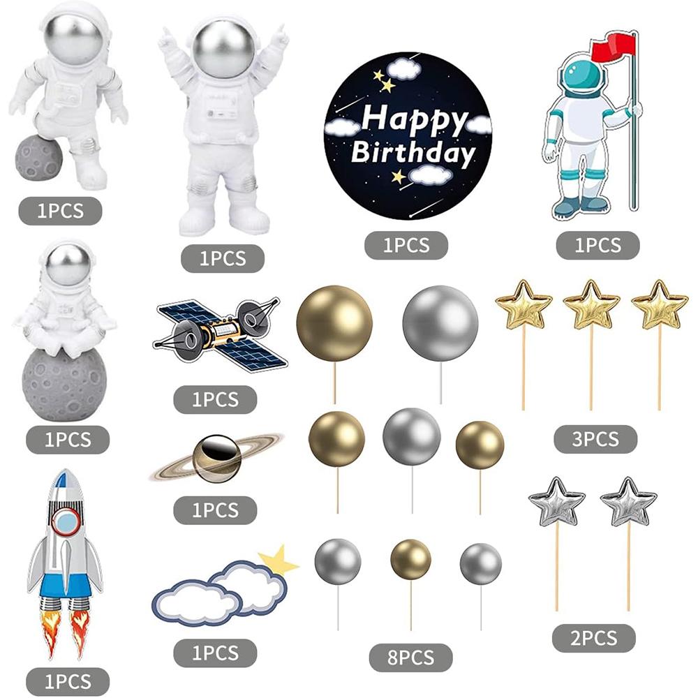 22 Stycken Astronaut Rymd Tårtdekorationer Yttre Rymden Astronaut Figurer Planet Raket Satellit Pärlbollar och Stjärnor Barn Rymd